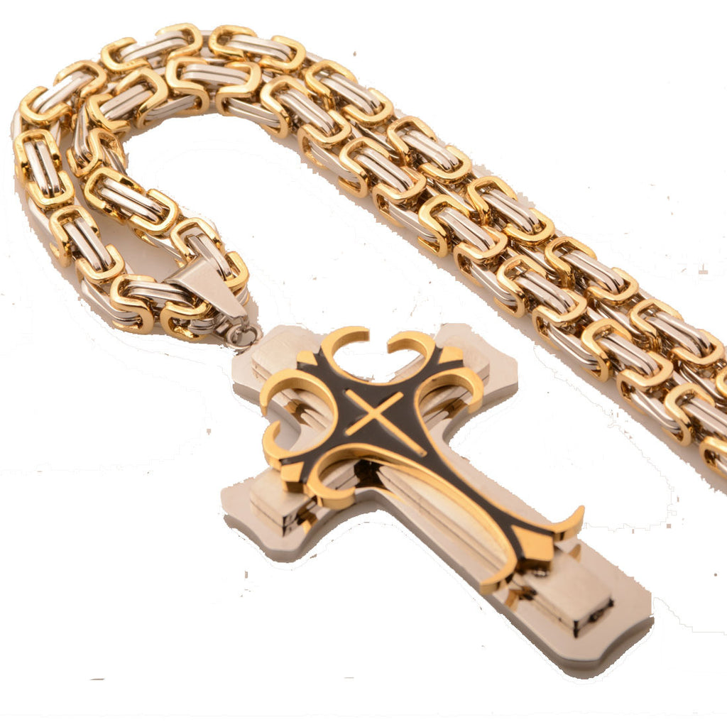 Men’s Gold & Steel Gothic Cross Pendant Chain Necklace