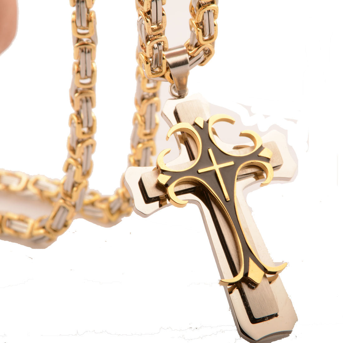 Men’s Gold & Steel Gothic Cross Pendant Chain Necklace