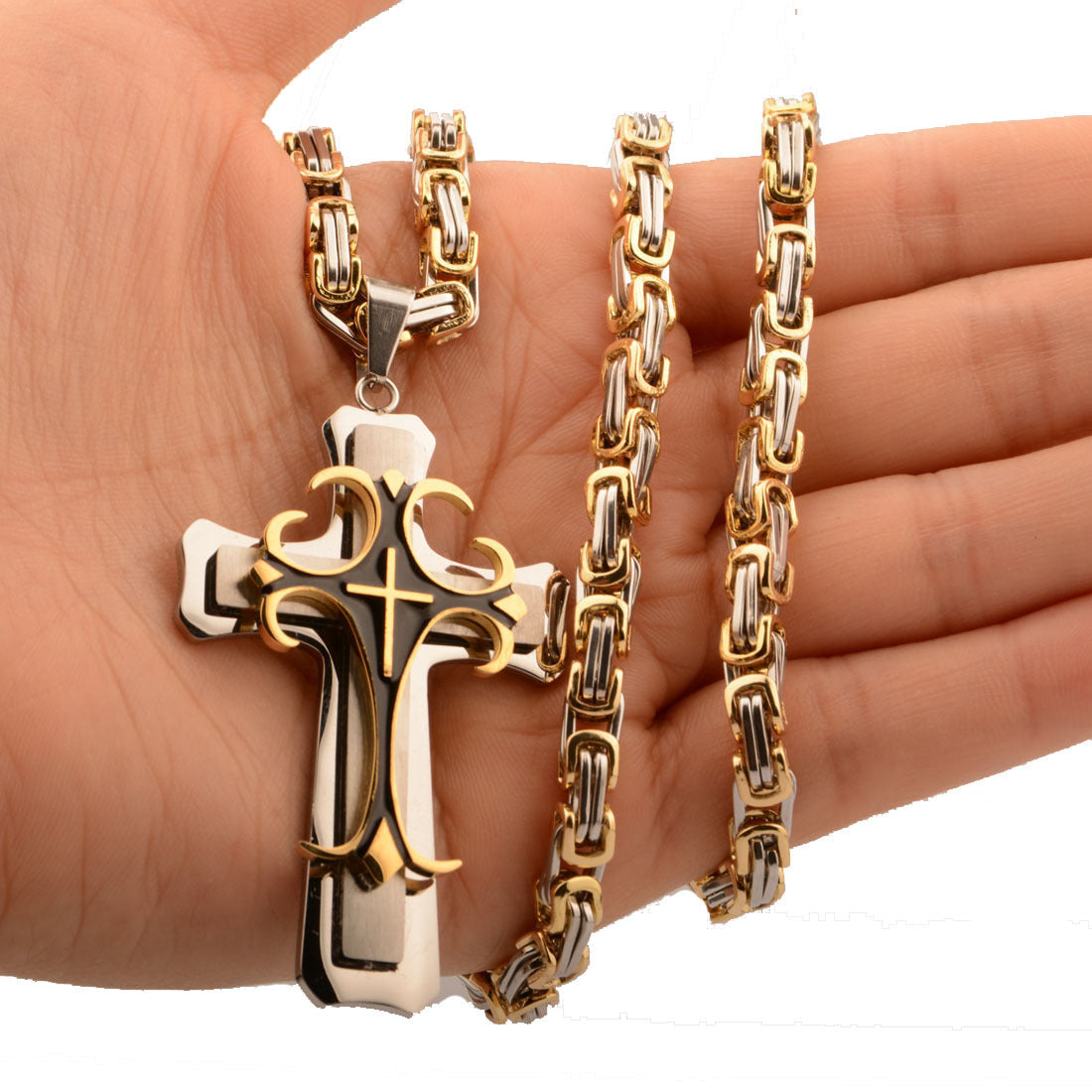 Men’s Gold & Steel Gothic Cross Pendant Chain Necklace