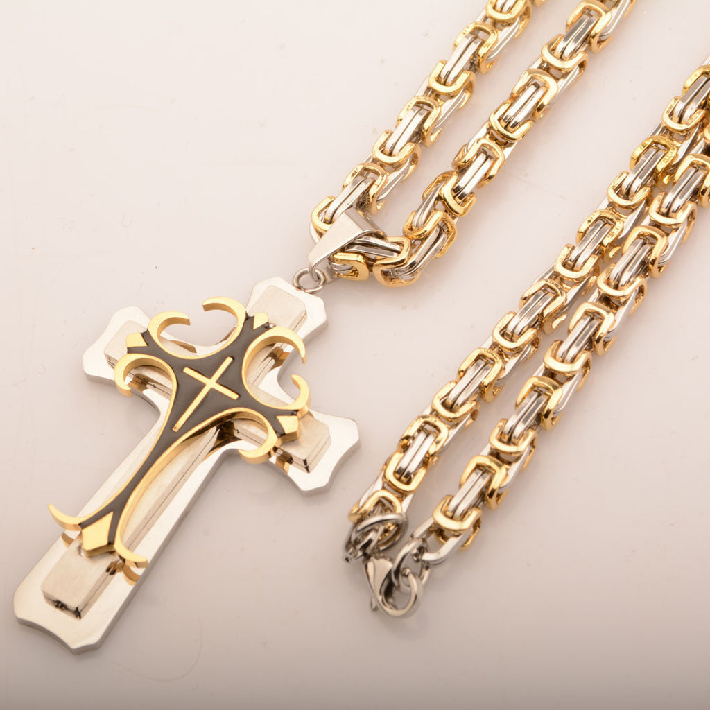 Men’s Gold & Steel Gothic Cross Pendant Chain Necklace