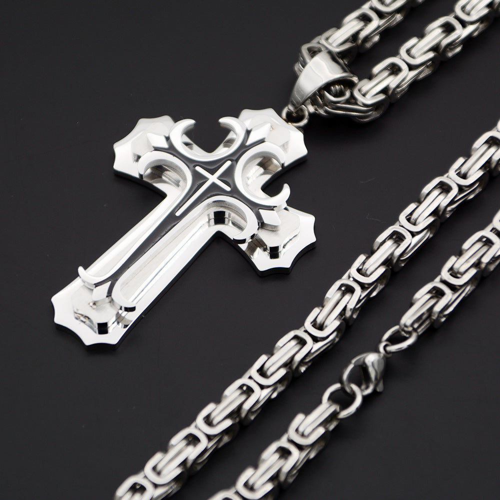 Men’s Gold & Steel Gothic Cross Pendant Chain Necklace