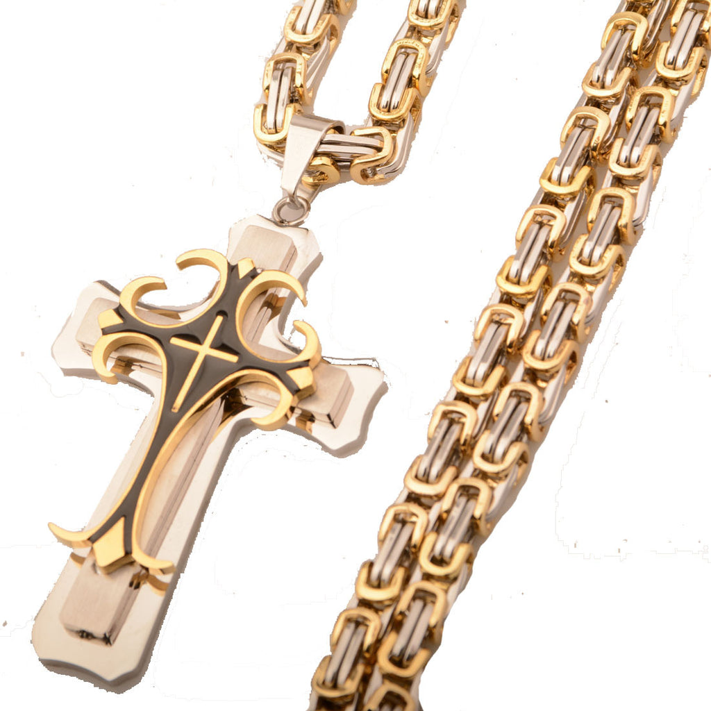 Men’s Gold & Steel Gothic Cross Pendant Chain Necklace