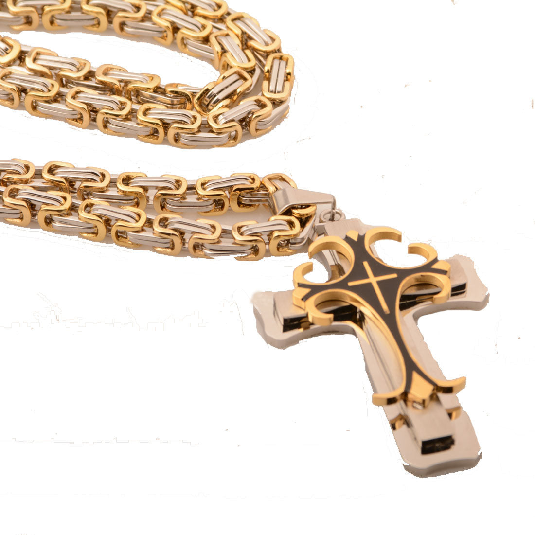 Men’s Gold & Steel Gothic Cross Pendant Chain Necklace