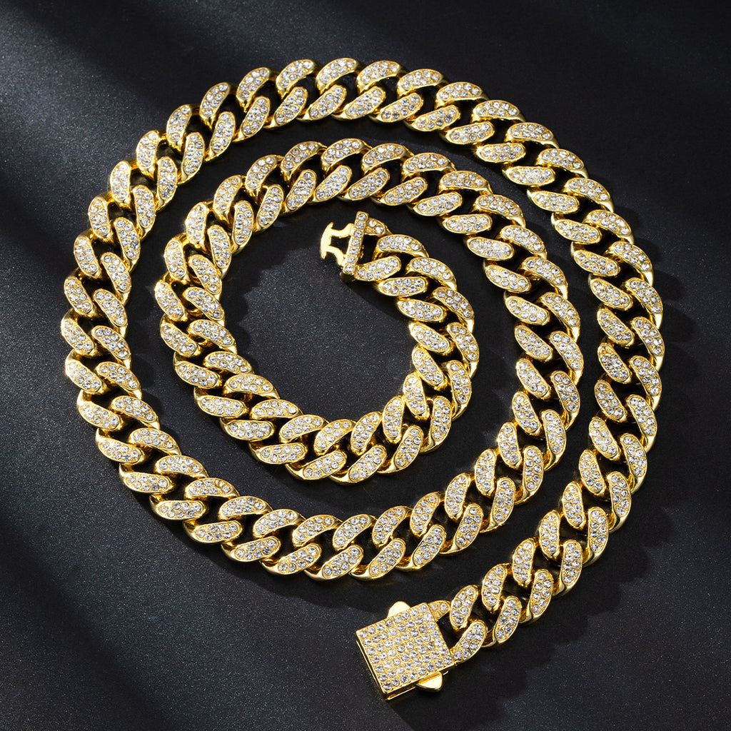 Iced 13mm Cuban Link Chain with Diamond Buckle – Gold, Silver & Rose Gold